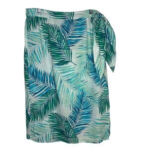 Tahari Womens Size XL Blue Green Linen Midi Skirt Tropical Palm‎ Leaves Wrap